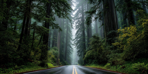 Straight road surrounded by giant redwood trees and mist
