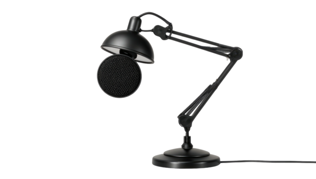 Black articulating microphone boom arm with pop filter stands against a black backdrop