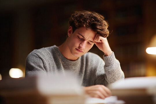 Stressed young man studies late at night under warm light, symbolizing burnout, academic pressure, or focus. Use for education, mental health, or productivity themes.