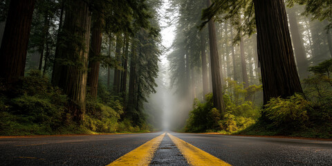 Sun rays through misty forest road with tall redwood trees
