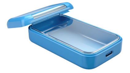 Small, open, blue plastic box with rounded corners and a silver interior on a black background, angled view