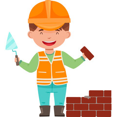 Cartoon Boy Construction Worker Holding Brick and Trowel Building Wall with Orange Hard Hat and Safety Vest