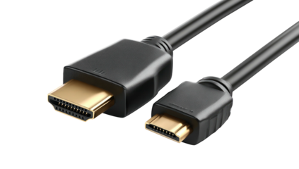 Black HDMI cables with gold connectors displayed against a dark background, slightly angled
