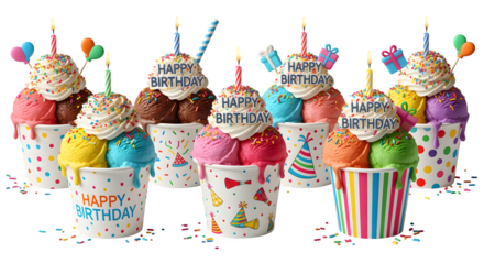 A vibrant and festive collection of colorful ice cream sundaes, each adorned with candles and sprinkles, celebrating a joyous occasion.