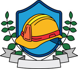 logotype of A hard hat is on a blue shield