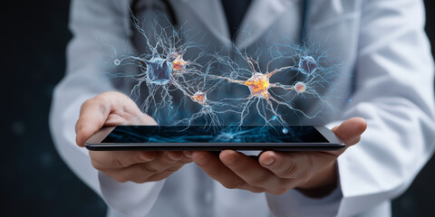 Doctor holding tablet with neural network simulation and data nodes
