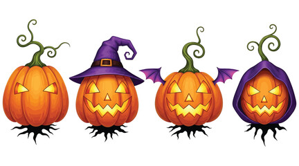 Vector art of four cartoon halloween pumpkins with different costumes and expressions, , perfect for spooky season decorations and festive designs