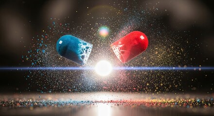 Red and Blue Pills Floating in Space with Bright Light.