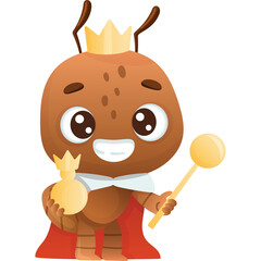 Cartoon Ant King Character with Crown and Scepter Holding a Bag of Gold on Transparent Background