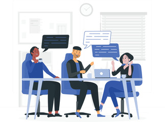 Three people in a meeting discussing ideas with speech bubbles and laptop discussion collaboration