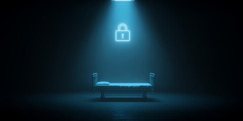 Futuristic hospital bed under spotlight with digital lock symbol
