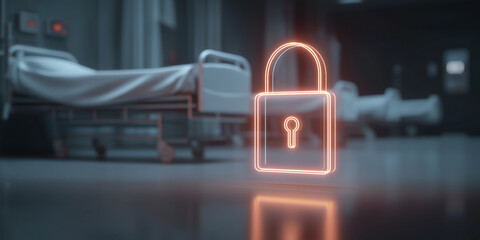 Hospital room with glowing red digital padlock icon on floor
