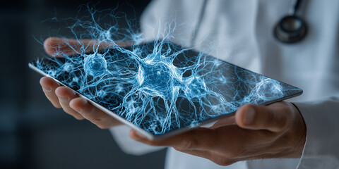 Digital neuron connections on holographic tablet held by doctor
