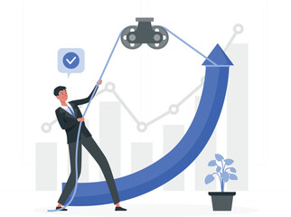 Businessman pulling a rope to lift a large upward trending arrow graph growth success