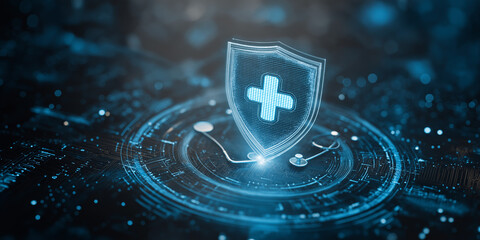 Glowing medical shield and stethoscope in digital cyber interface

