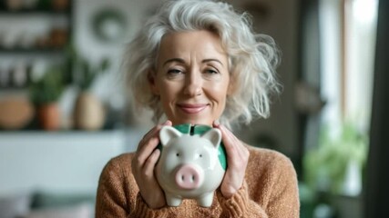 Smiling woman holding a piggy bank in a cozy home setting while planning for savings and financial goals - Powered by Adobe