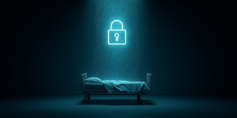 Hospital bed under glowing lock symbol in dark futuristic room
