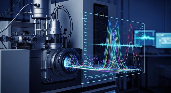 Advanced scientific instrument performing spectral analysis with digital data visualization.