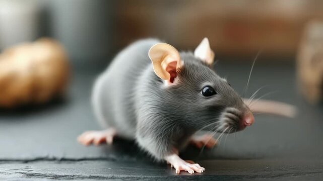 Curious gray mouse exploring a textured surface in a cozy indoor setting during afternoon light