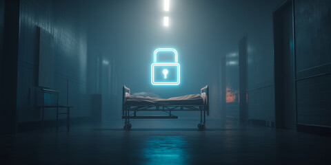Empty hospital bed in dark hallway with glowing lock icon
