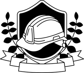 black and white logotype of A hard hat is on a shield