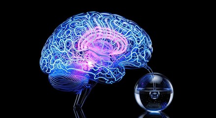 Brain connected to water globe, representing mental clarity and hydration.