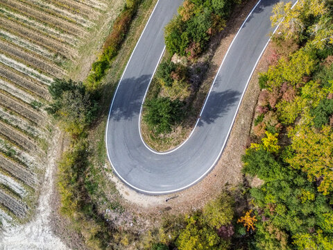 vista aerea di tornante, curva a gomito nel bosco