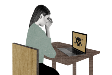 Composite photo collage of upset stressed girl sit chair macbook device cyberattack security spyware scull isolated on painted background