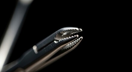Close up of a metallic surgical instrument with serrated jaws.