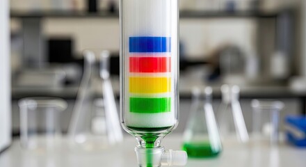 Chromatography column separation of colorful chemical compounds in a lab.