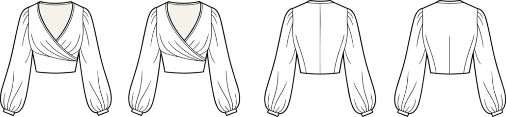 Fashion technical flat sketch of wrap blouse top with long puff sleeves, v-neck, crop fit, vector clothing design template