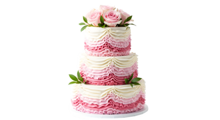 Elegant three-tiered wedding cake adorned with delicate pink frosting ruffles and fresh roses.