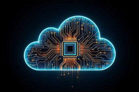 Futuristic digital cloud network with glowing circuit connections. Represents global data transfer, online storage, cybersecurity, artificial intelligence, and business technology solutions.