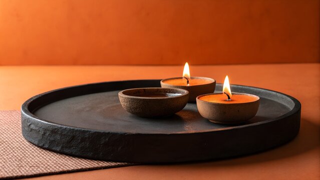 Warm ambiance lit tealights on dark circular platform against orange backdrop