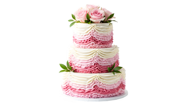 Elegant three-tiered wedding cake adorned with delicate pink frosting ruffles and fresh roses.