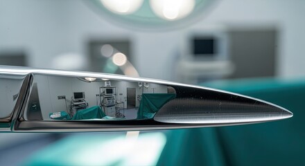 Close-up of a futuristic surgical instrument in a modern operating room.