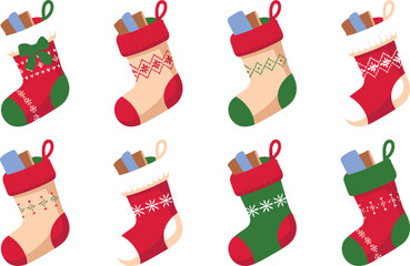 Assorted Christmas Stockings with Gifts, Holiday Decorations Collection for Festive Greetings