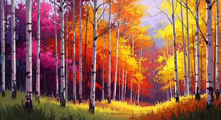 Abstract Birch Forest in Vivid Autumn Colors Keywords: autumn, fall, forest, trees, birch, white