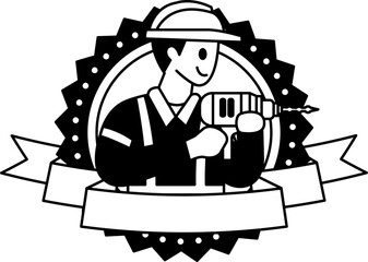 black and white logotype of a handyman is holding a drill