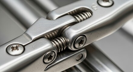 Close-up of a shiny metal hinge mechanism with visible springs and screws.