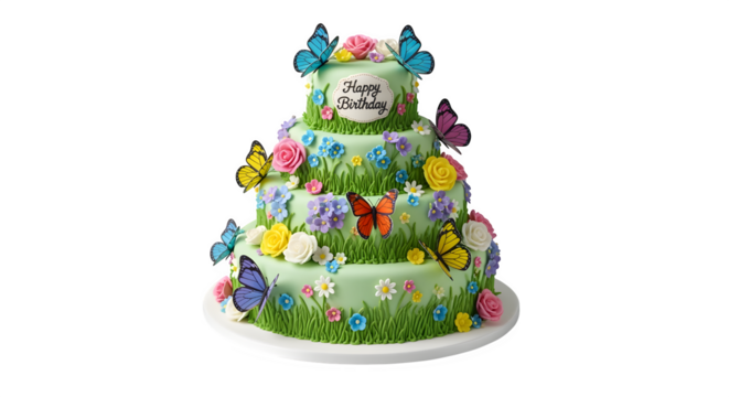 A whimsical tiered cake adorned with colorful butterflies and delicate flowers, perfect for a joyful celebration.