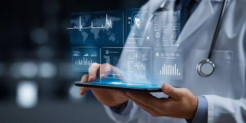 Fototapeta premium Doctor using digital tablet with futuristic virtual health graphs and global diagnostics interface 
