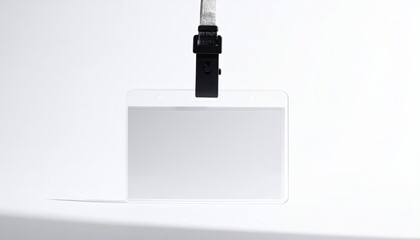 Hanging clear ID badge on lanyard; bright white background