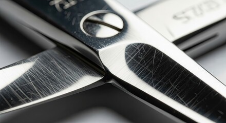 Close-up of shiny metal scissors with visible scratches and details.