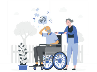 Elderly man in a wheelchair looking confused with a woman assisting him outdoors senior