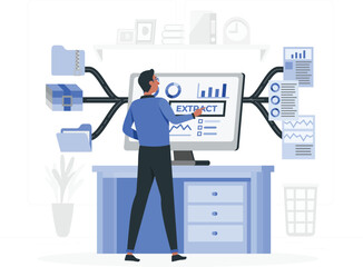 Person interacting with a computer screen showing data extraction and file organization data processing