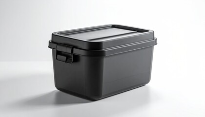 Black plastic box with a lid, lying on bright, white surface