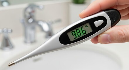 Digital Thermometer Displaying Normal Body Temperature in Bathroom Setting.