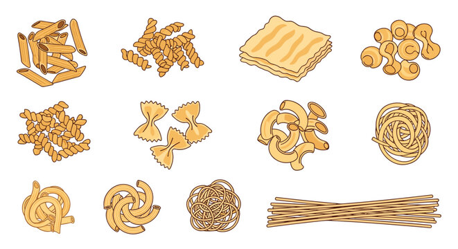 Various types of pasta including penne, farfalle, spaghetti, and lasagna noodles.
