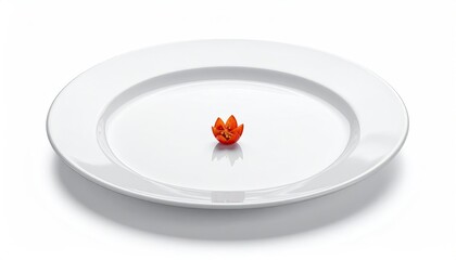 Tiny tomato blossom sits alone on a stark white plate